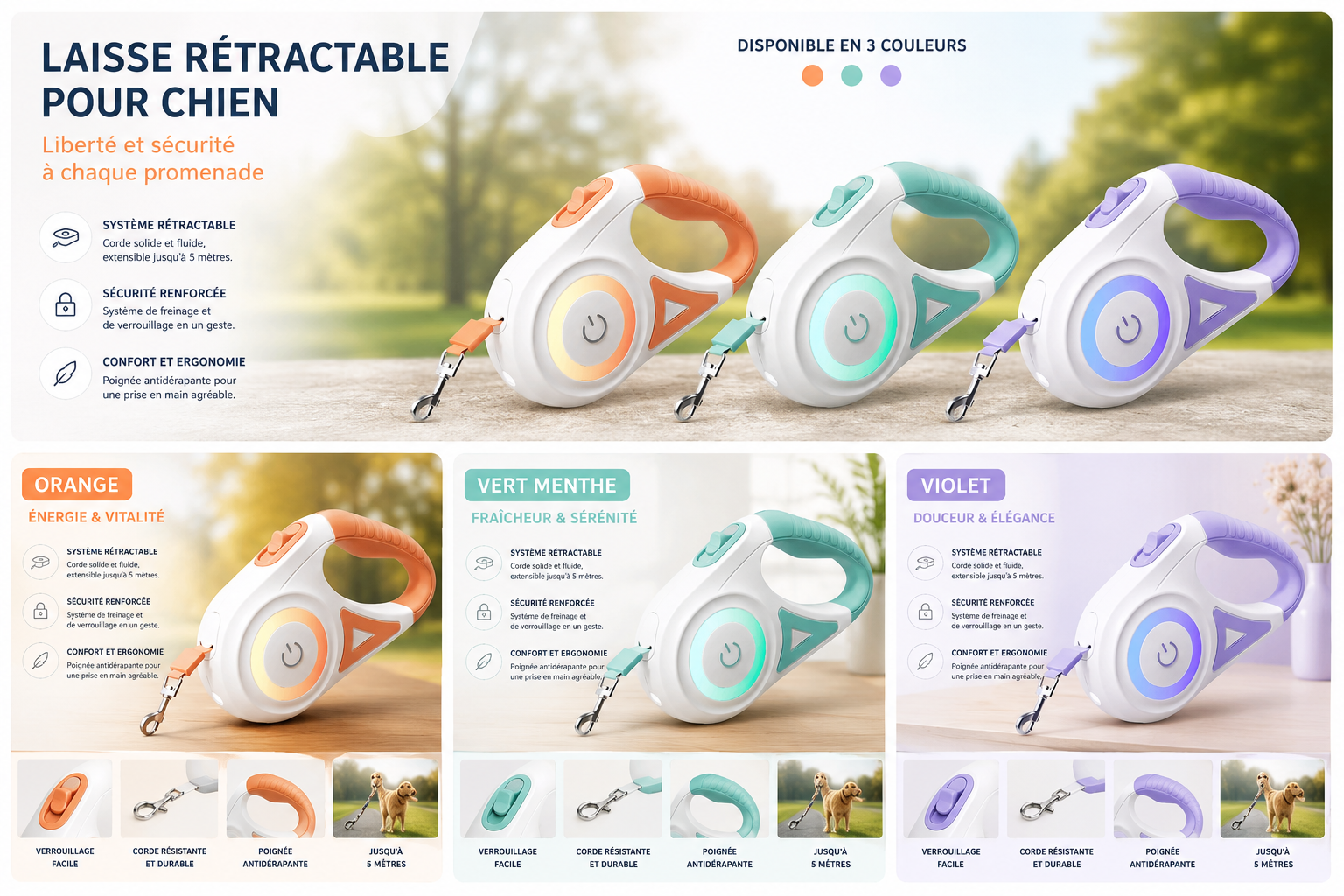 Laisse rétractable ROJECO 5 m pour chien – Promenade jour et nuit