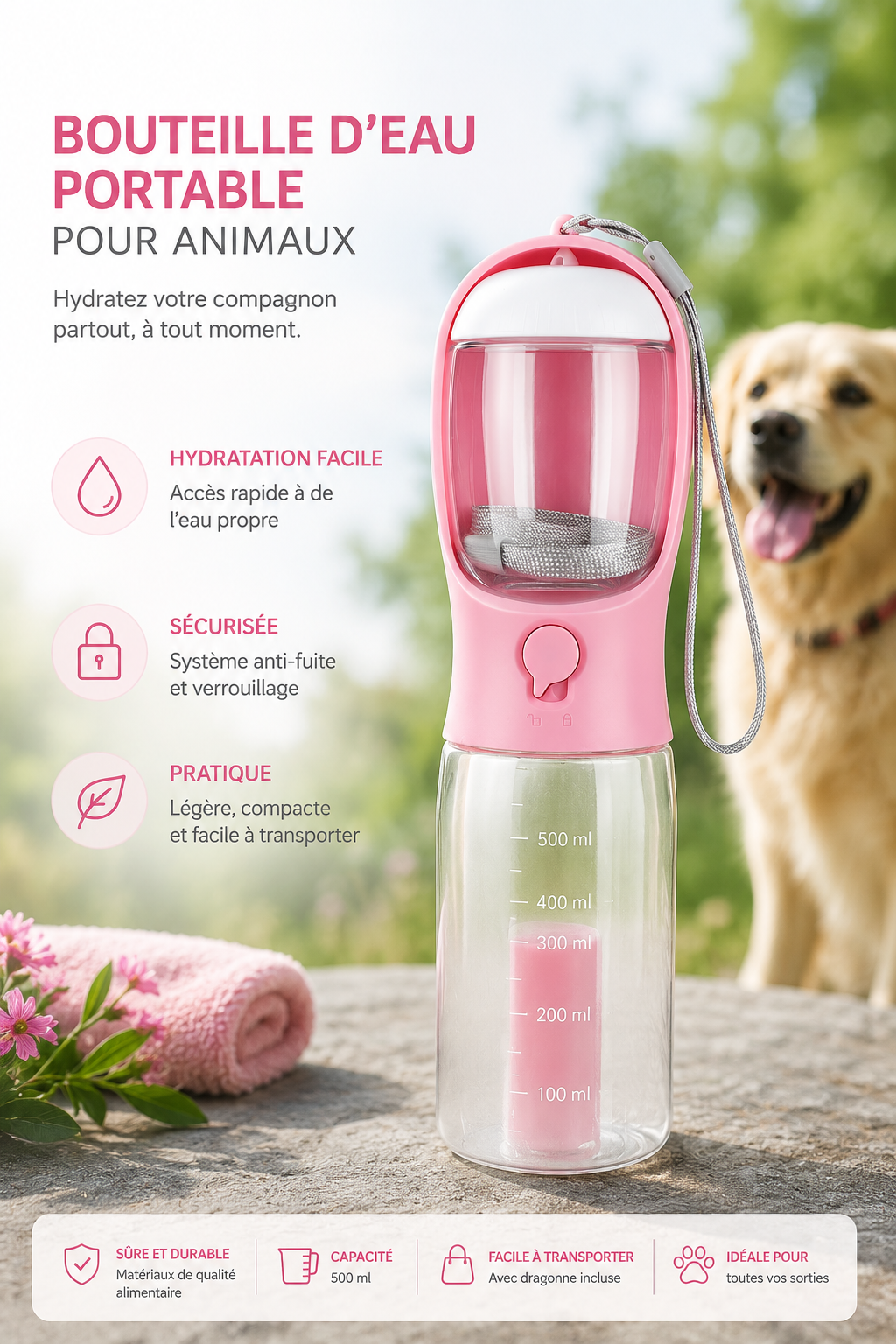 Bouteille d'eau portable multifonctionnelle 3 en 1 pour chat et chien, avec distributeur de nourriture et de déjections. Anti-fuites. Accessoires pour animaux de compagnie.
