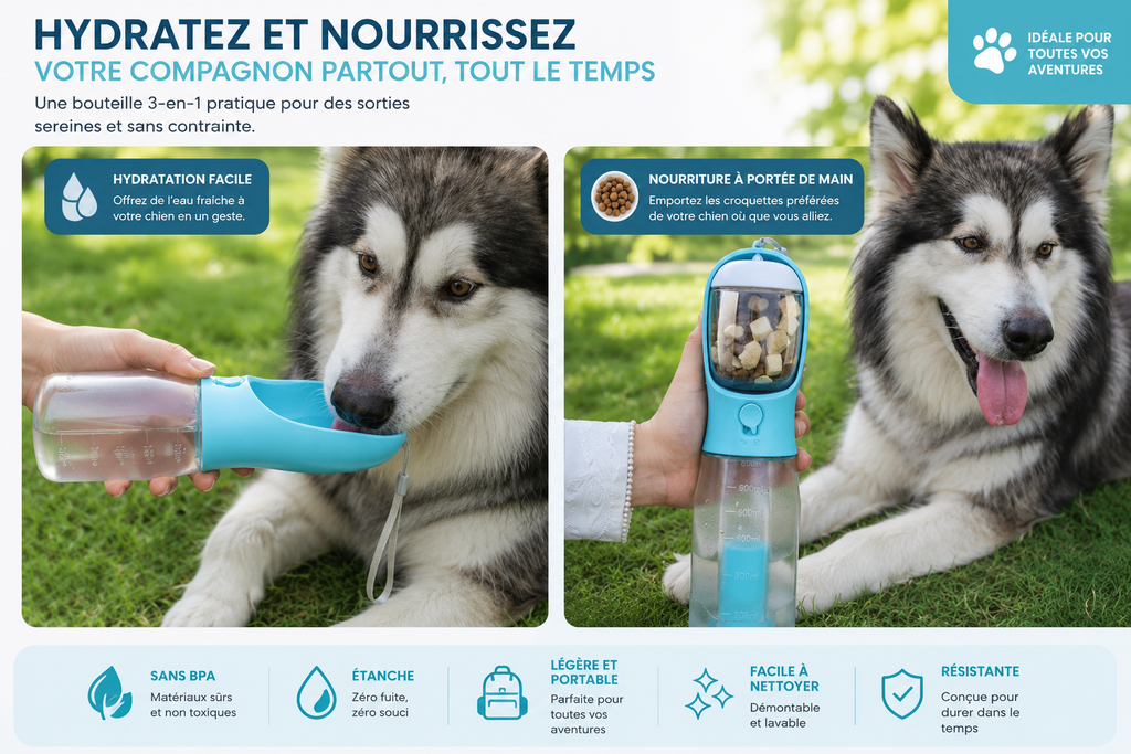 Bouteille d'eau portable multifonctionnelle 3 en 1 pour chat et chien, avec distributeur de nourriture et de déjections. Anti-fuites. Accessoires pour animaux de compagnie.