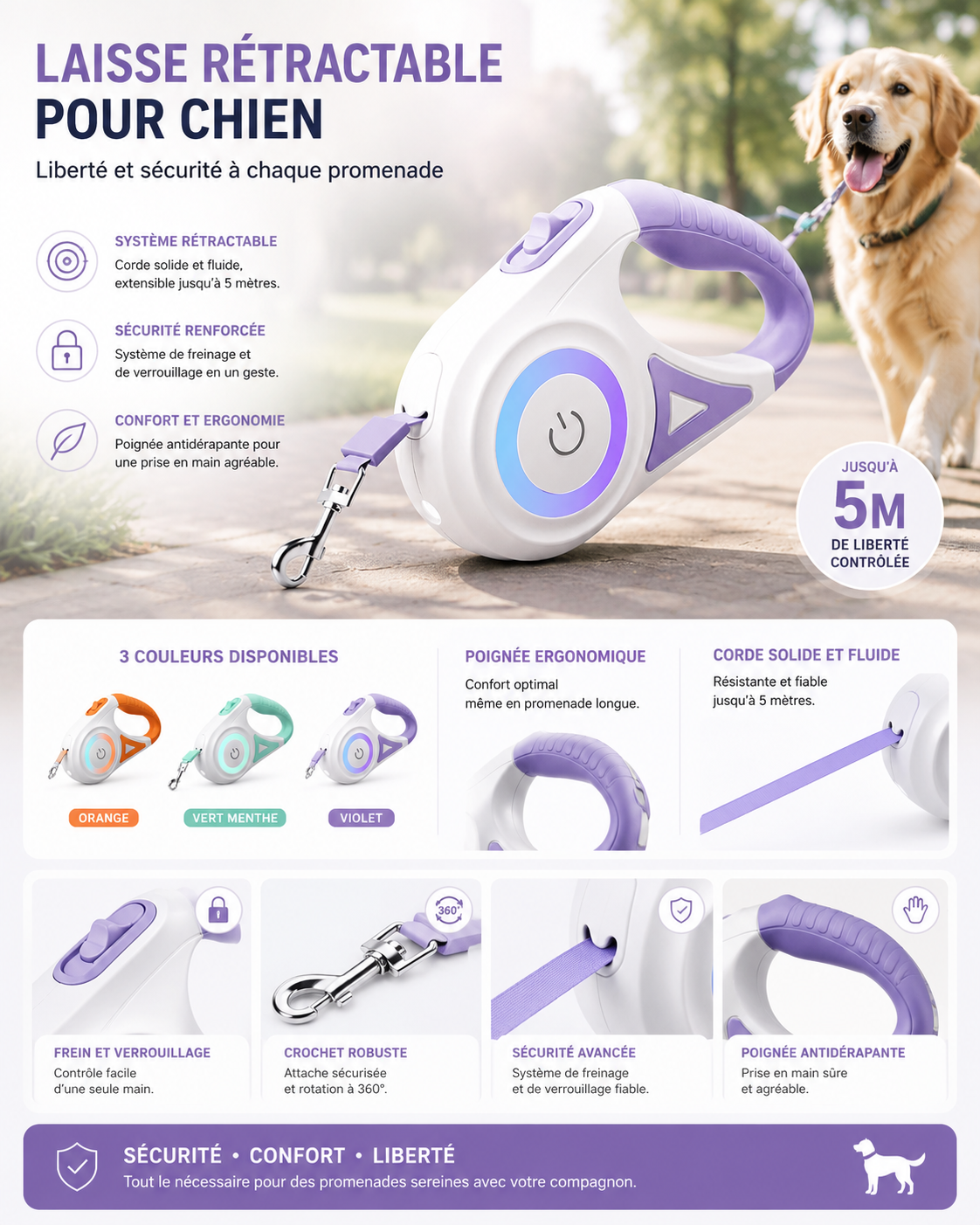 Laisse rétractable ROJECO 5 m pour chien – Promenade jour et nuit