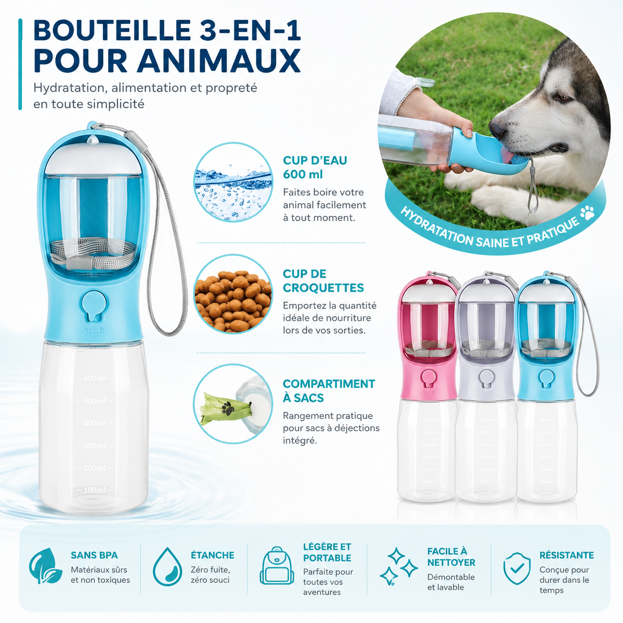Bouteille d'eau portable multifonctionnelle 3 en 1 pour chat et chien, avec distributeur de nourriture et de déjections. Anti-fuites. Accessoires pour animaux de compagnie.