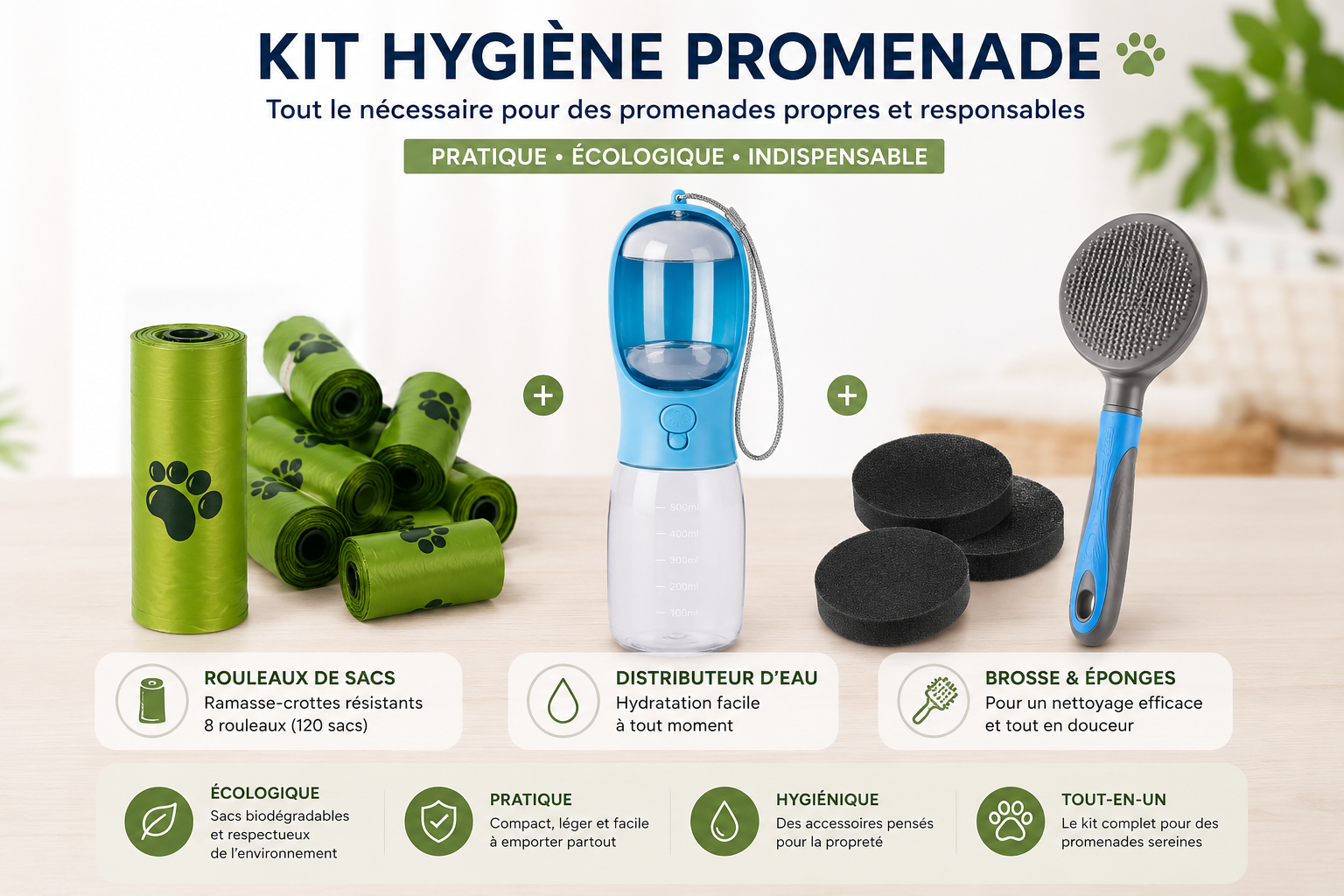 Bouteille d'eau portable multifonctionnelle 3 en 1 pour chat et chien, avec distributeur de nourriture et de déjections. Anti-fuites. Accessoires pour animaux de compagnie.