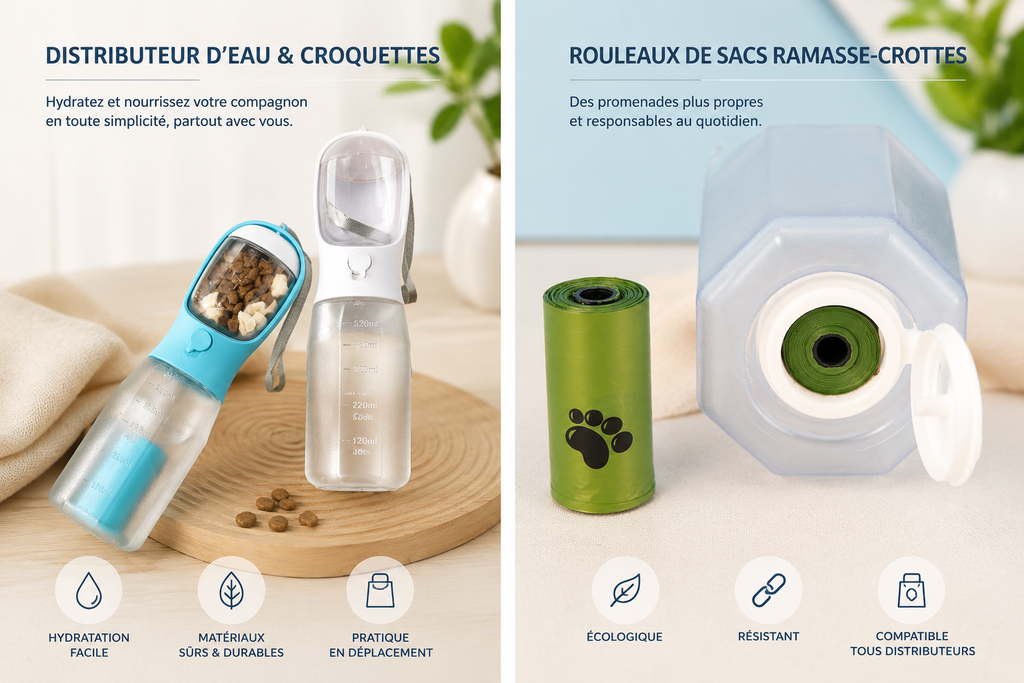 Bouteille d'eau portable multifonctionnelle 3 en 1 pour chat et chien, avec distributeur de nourriture et de déjections. Anti-fuites. Accessoires pour animaux de compagnie.