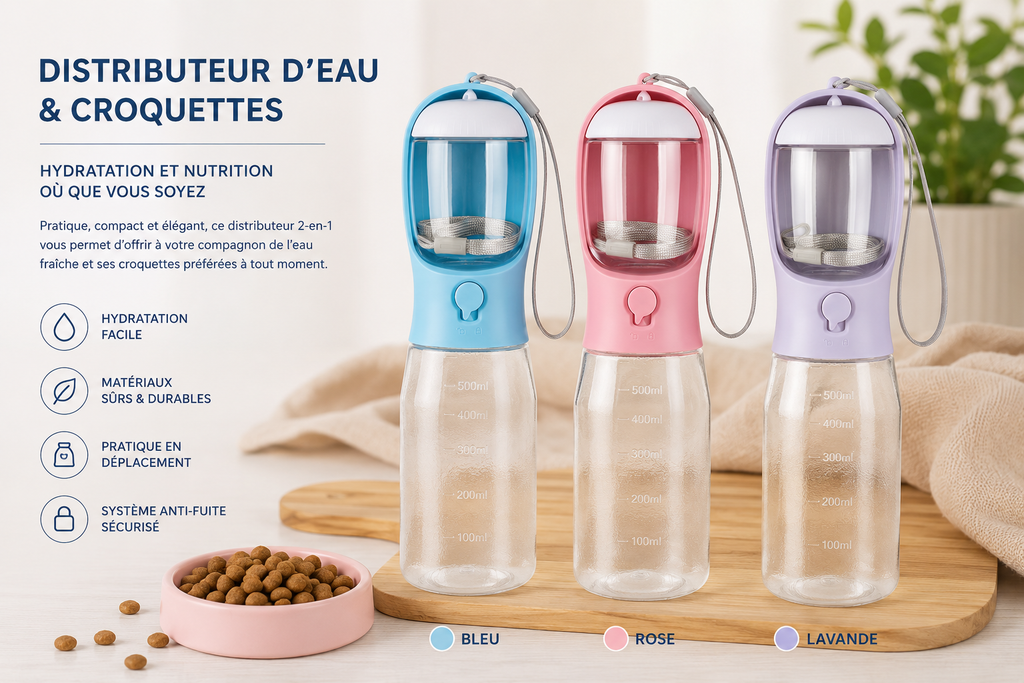 Bouteille d'eau portable multifonctionnelle 3 en 1 pour chat et chien, avec distributeur de nourriture et de déjections. Anti-fuites. Accessoires pour animaux de compagnie.