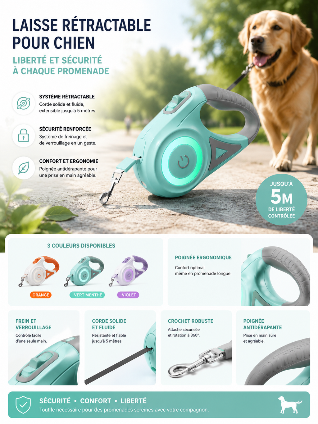 Laisse rétractable ROJECO 5 m pour chien – Promenade jour et nuit