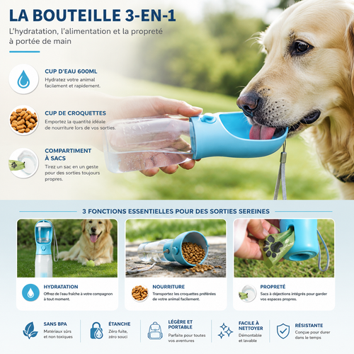 Bouteille d'eau portable multifonctionnelle 3 en 1 pour chat et chien, avec distributeur de nourriture et de déjections. Anti-fuites. Accessoires pour animaux de compagnie.