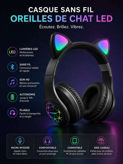 Casque Bluetooth oreilles de chat mignon