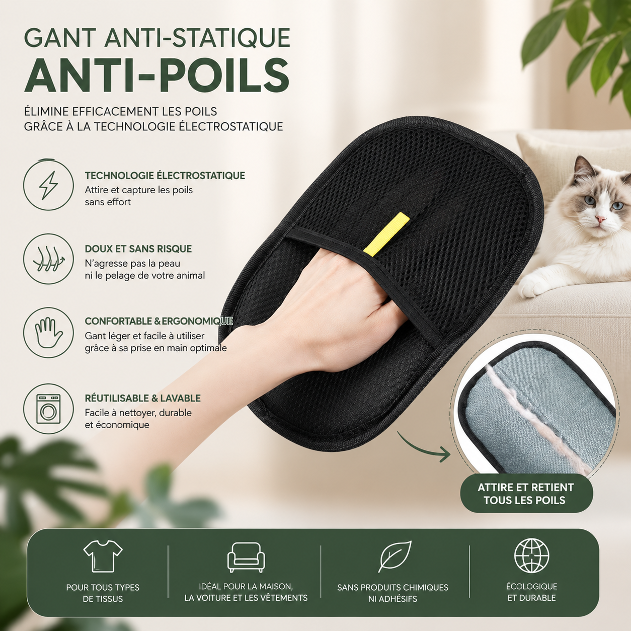 Gant démêlant pour poils d'animaux, brosse de démêlage pour chiens, chats et lapins à poils longs, courts et bouclés