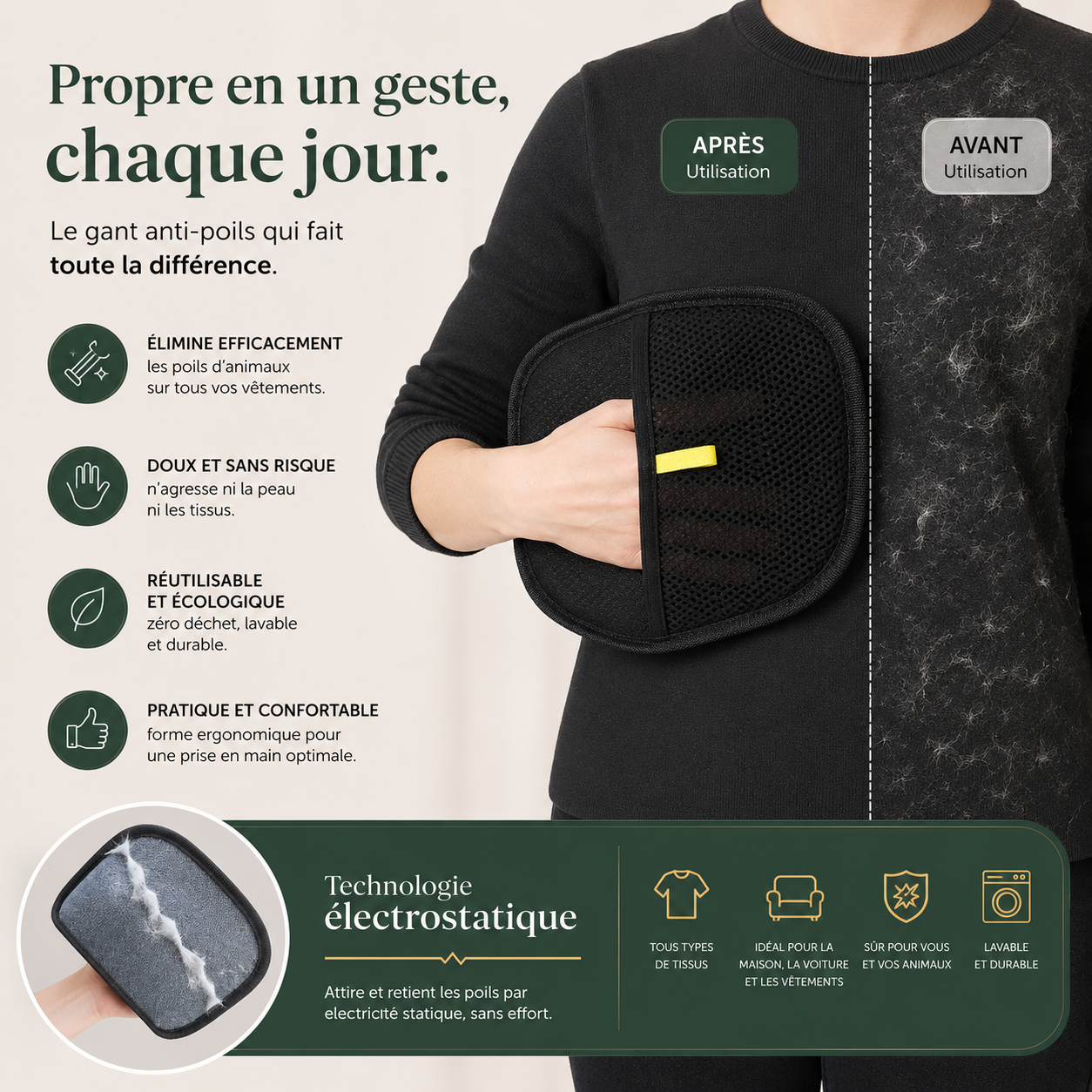 Gant démêlant pour poils d'animaux, brosse de démêlage pour chiens, chats et lapins à poils longs, courts et bouclés