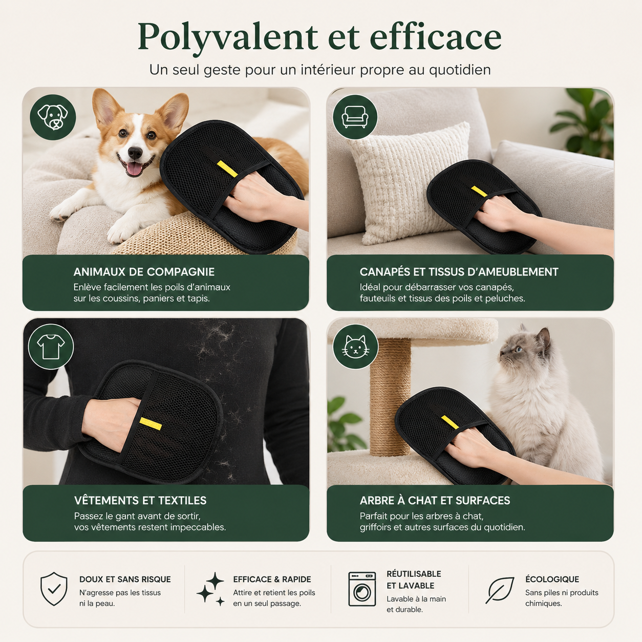 Gant démêlant pour poils d'animaux, brosse de démêlage pour chiens, chats et lapins à poils longs, courts et bouclés