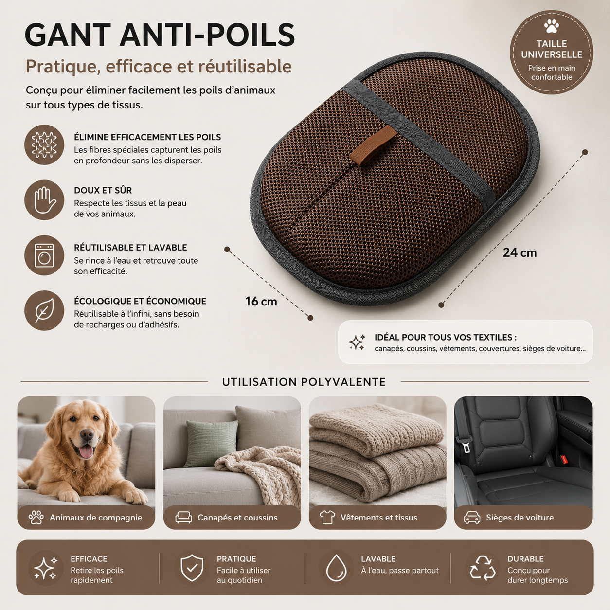 Gant démêlant pour poils d'animaux, brosse de démêlage pour chiens, chats et lapins à poils longs, courts et bouclés