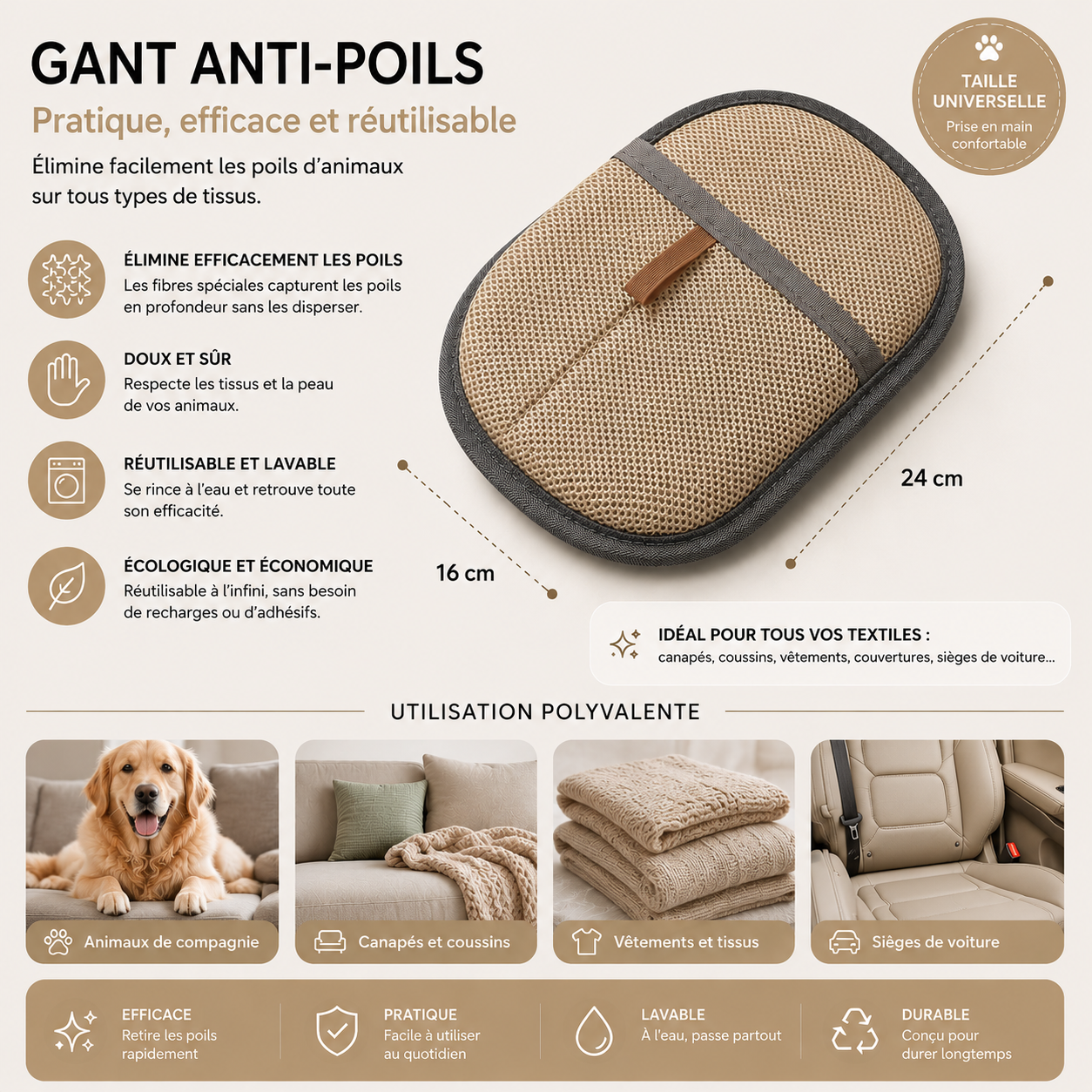 Gant démêlant pour poils d'animaux, brosse de démêlage pour chiens, chats et lapins à poils longs, courts et bouclés