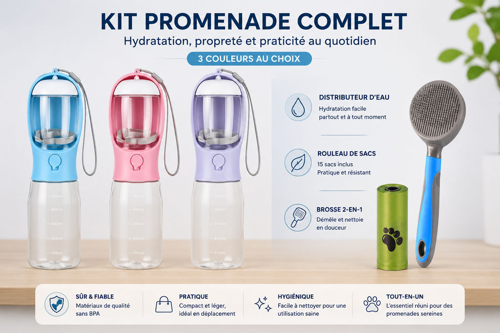 Bouteille d'eau portable multifonctionnelle 3 en 1 pour chat et chien, avec distributeur de nourriture et de déjections. Anti-fuites. Accessoires pour animaux de compagnie.