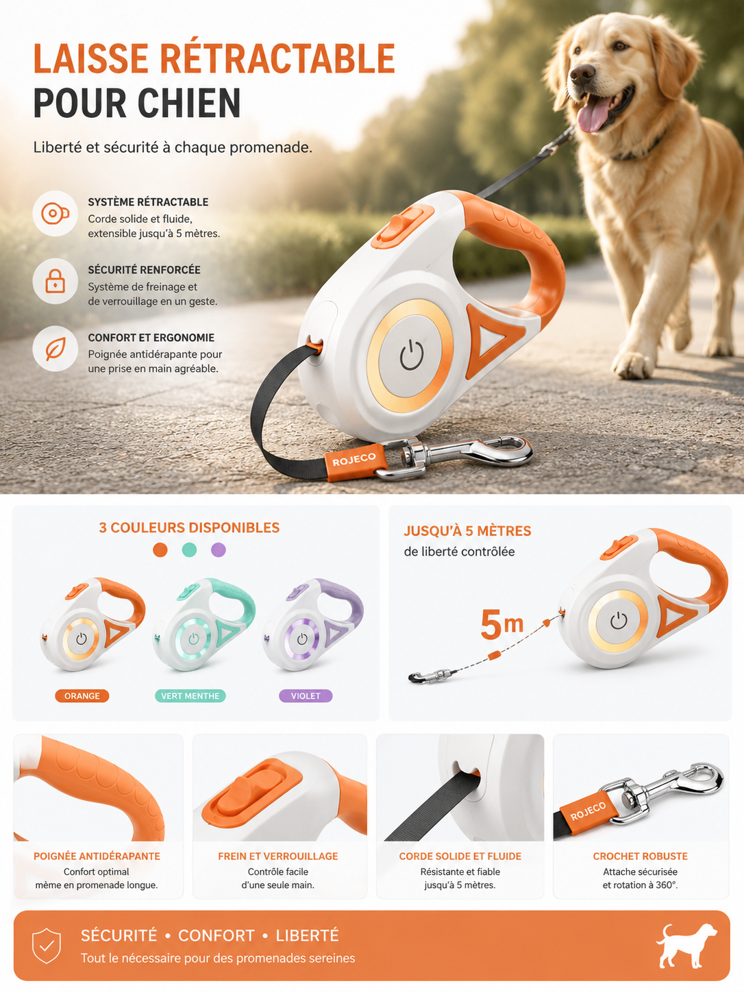 Laisse rétractable ROJECO 5 m pour chien – Promenade jour et nuit