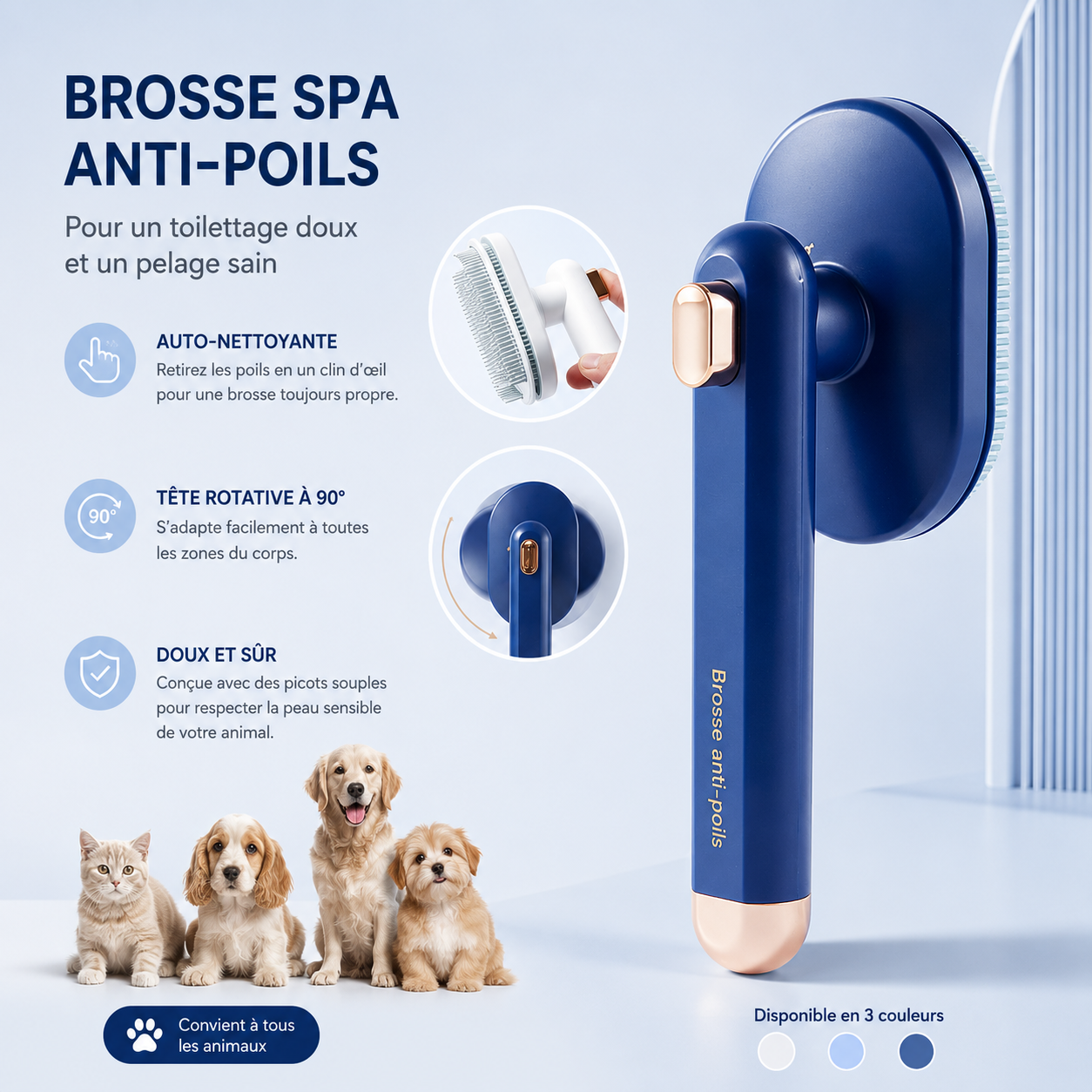 Peigne pour animaux (chat et chien) : brosse autonettoyante pour éliminer les poils morts, accessoires de toilettage et peigne pour animaux.