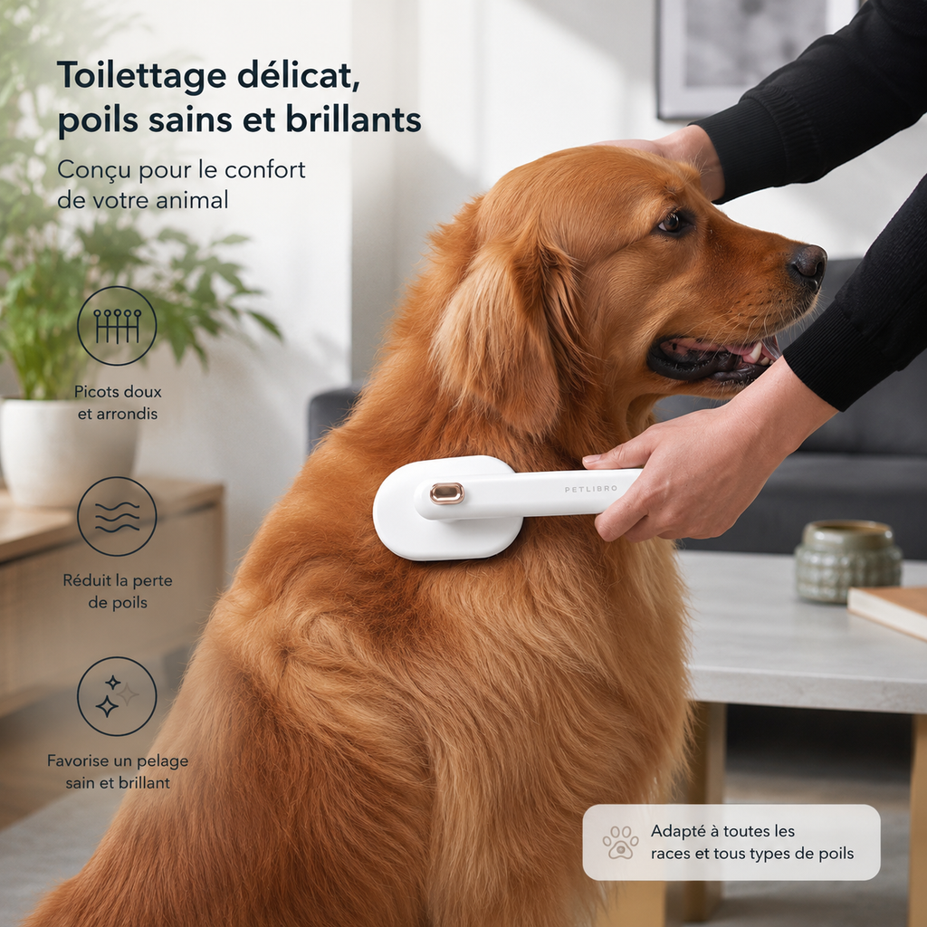Peigne pour animaux (chat et chien) : brosse autonettoyante pour éliminer les poils morts, accessoires de toilettage et peigne pour animaux.