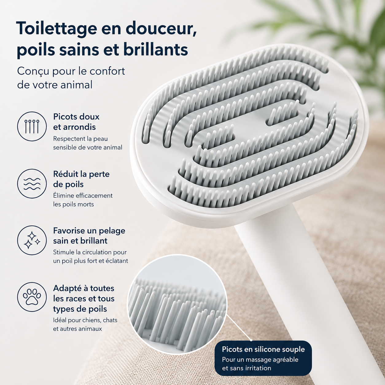 Peigne pour animaux (chat et chien) : brosse autonettoyante pour éliminer les poils morts, accessoires de toilettage et peigne pour animaux.