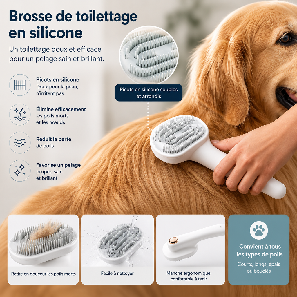 Peigne pour animaux (chat et chien) : brosse autonettoyante pour éliminer les poils morts, accessoires de toilettage et peigne pour animaux.