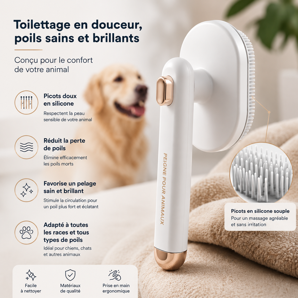 Peigne pour animaux (chat et chien) : brosse autonettoyante pour éliminer les poils morts, accessoires de toilettage et peigne pour animaux.