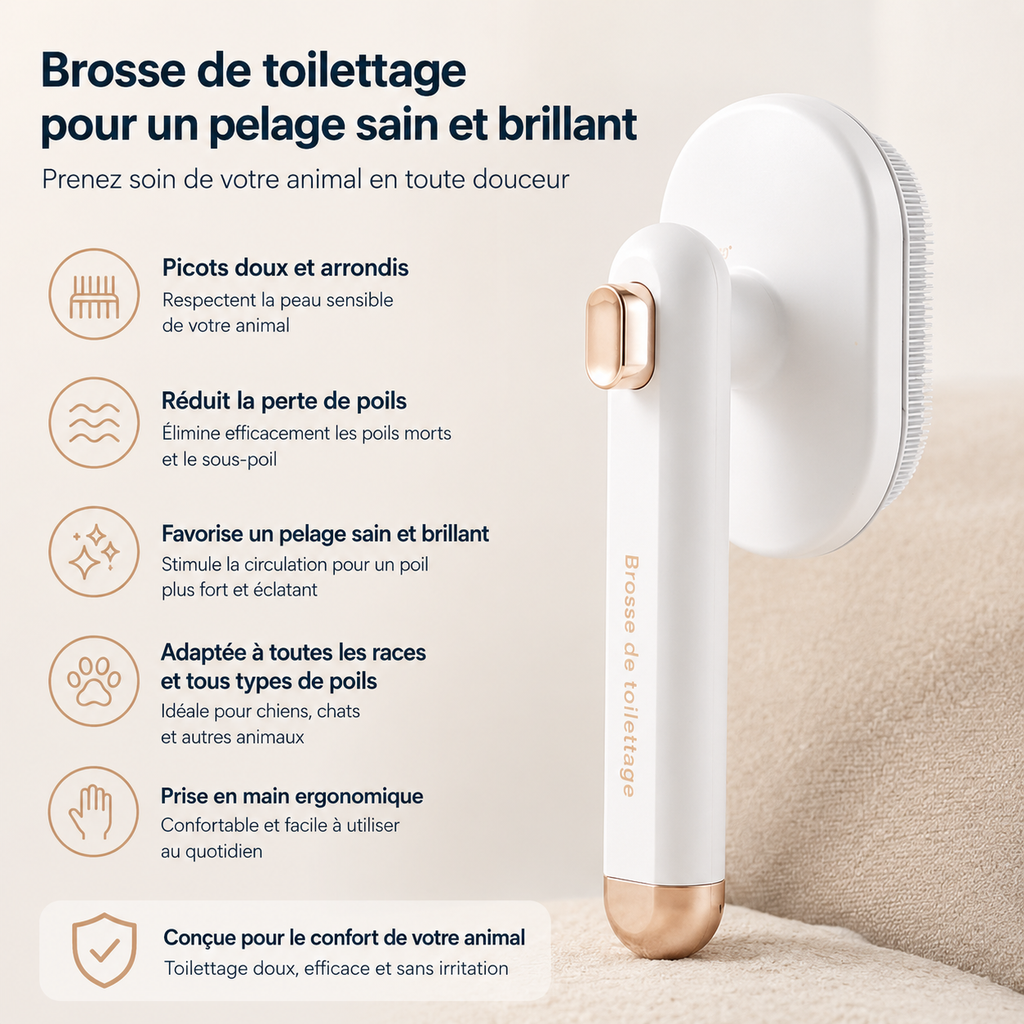 Peigne pour animaux (chat et chien) : brosse autonettoyante pour éliminer les poils morts, accessoires de toilettage et peigne pour animaux.