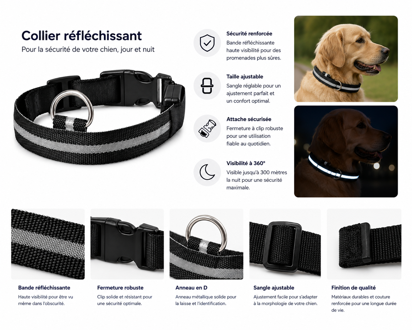 Collier lumineux LED en nylon pour chien et chat, clignotant pour une sécurité nocturne optimale, laisse ajustable. Accessoires pour animaux de compagnie.
