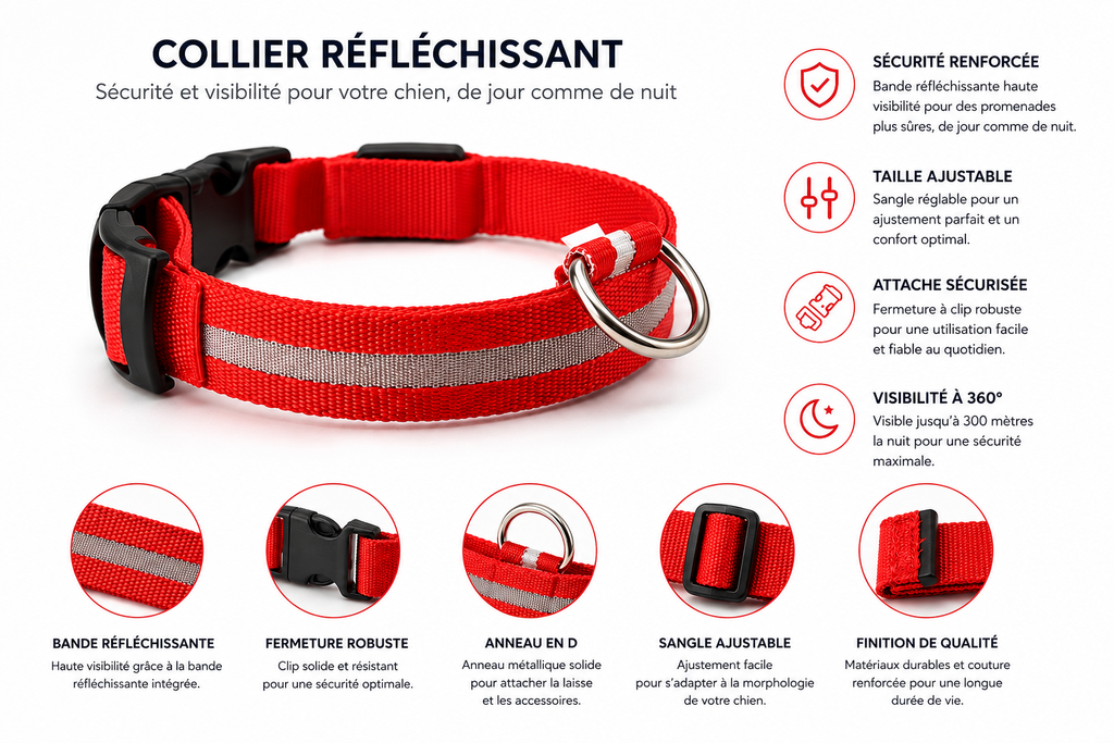 Collier lumineux LED en nylon pour chien et chat, clignotant pour une sécurité nocturne optimale, laisse ajustable. Accessoires pour animaux de compagnie.