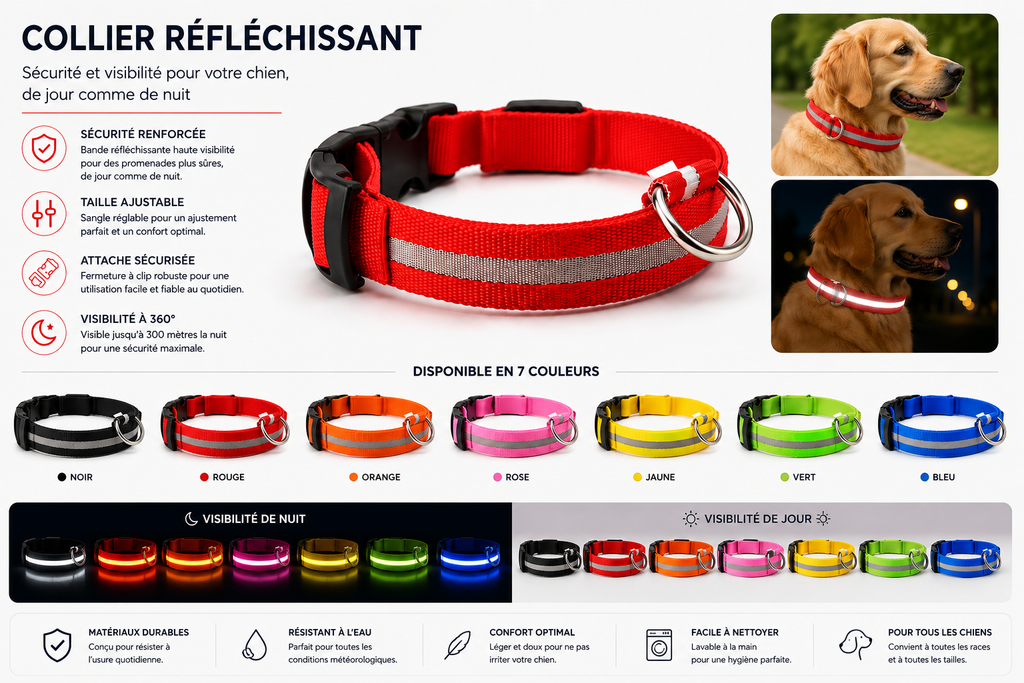 Collier lumineux LED en nylon pour chien et chat, clignotant pour une sécurité nocturne optimale, laisse ajustable. Accessoires pour animaux de compagnie.