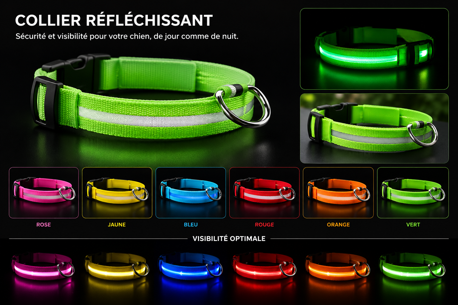 Collier lumineux LED en nylon pour chien et chat, clignotant pour une sécurité nocturne optimale, laisse ajustable. Accessoires pour animaux de compagnie.