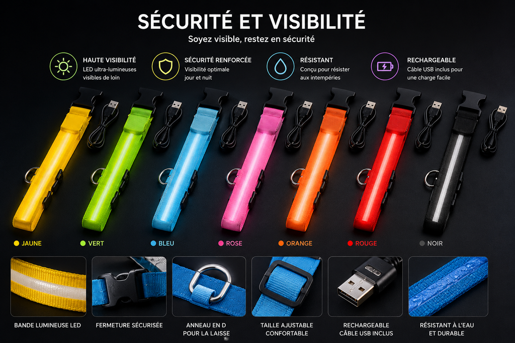 Collier lumineux LED en nylon pour chien et chat, clignotant pour une sécurité nocturne optimale, laisse ajustable. Accessoires pour animaux de compagnie.