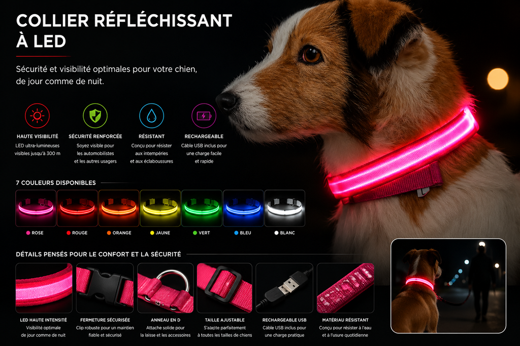 Collier lumineux LED en nylon pour chien et chat, clignotant pour une sécurité nocturne optimale, laisse ajustable. Accessoires pour animaux de compagnie.
