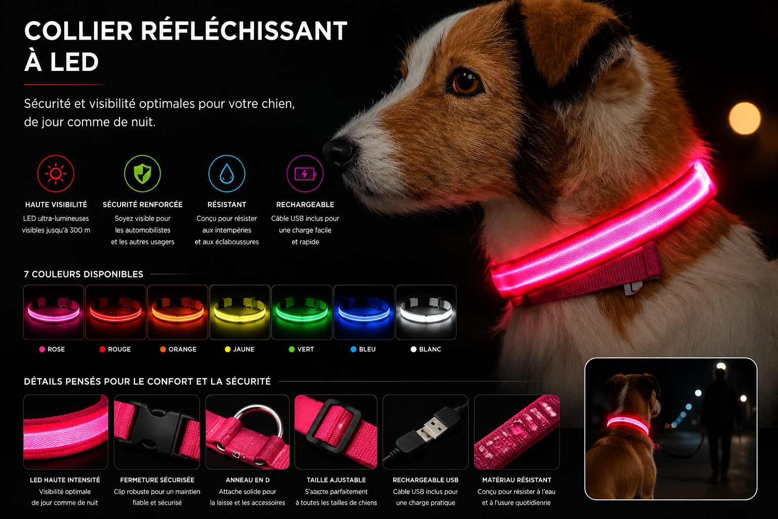 Collier lumineux LED en nylon pour chien et chat, clignotant pour une sécurité nocturne optimale, laisse ajustable. Accessoires pour animaux de compagnie.