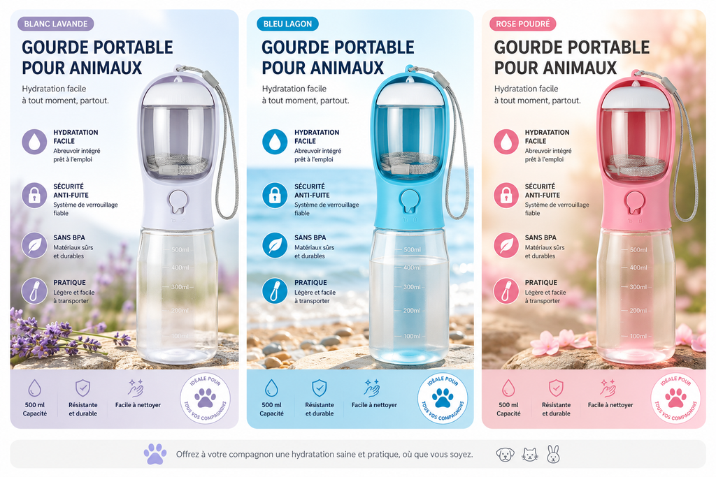 Bouteille d'eau portable multifonctionnelle 3 en 1 pour chat et chien, avec distributeur de nourriture et de déjections. Anti-fuites. Accessoires pour animaux de compagnie.