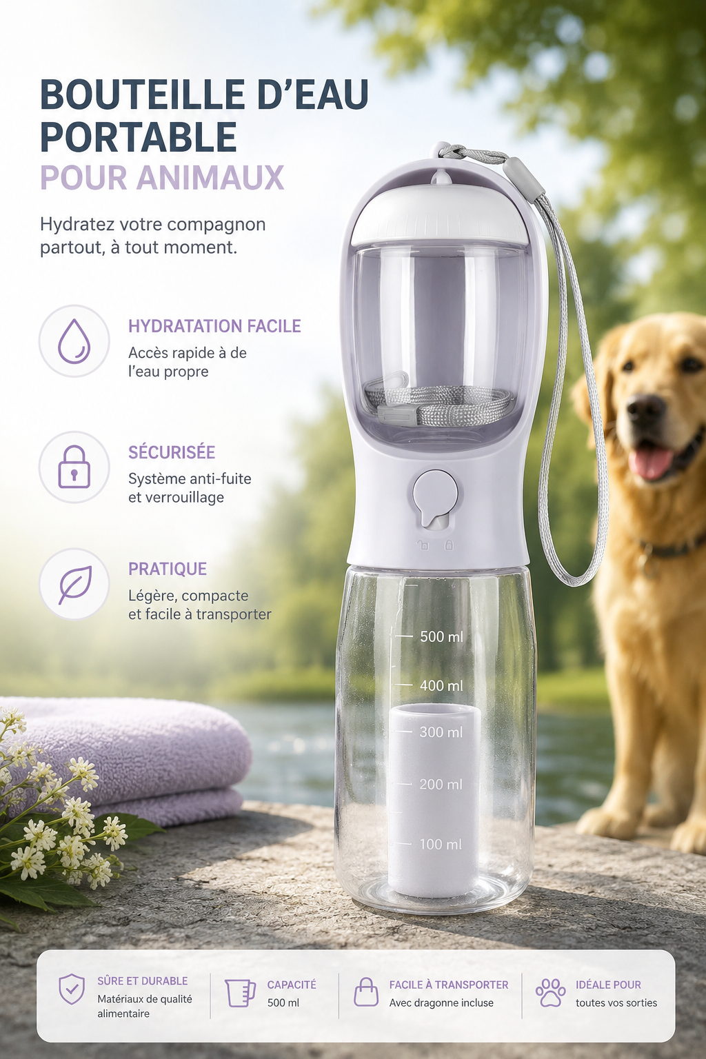 Bouteille d'eau portable multifonctionnelle 3 en 1 pour chat et chien, avec distributeur de nourriture et de déjections. Anti-fuites. Accessoires pour animaux de compagnie.